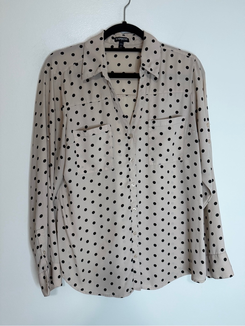 Express  Beige and Black Polka Dot Button-Down Shirt size large